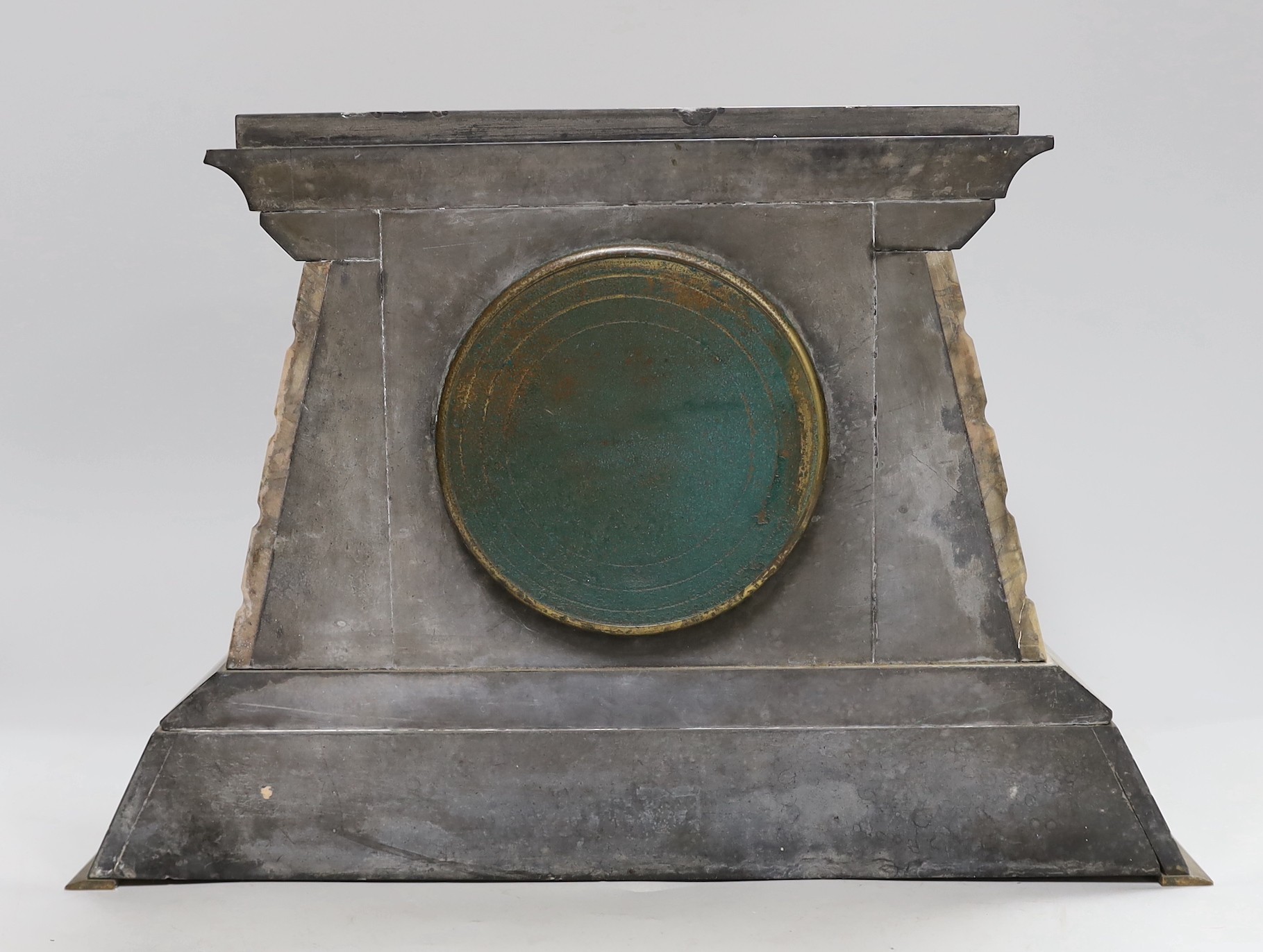 A W & M Dodge black slate and rose marble mantel clock with Egyptian engraved hieroglyphs, 25cm high